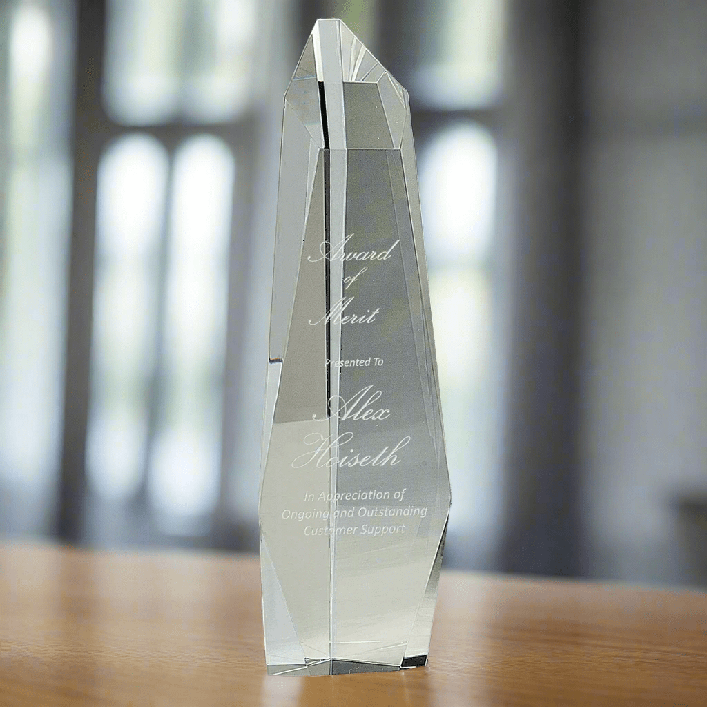 Faceted Crystal Slant - Top Tower Award with Custom Engraving - 3 3/4"(W) x 12"(H)