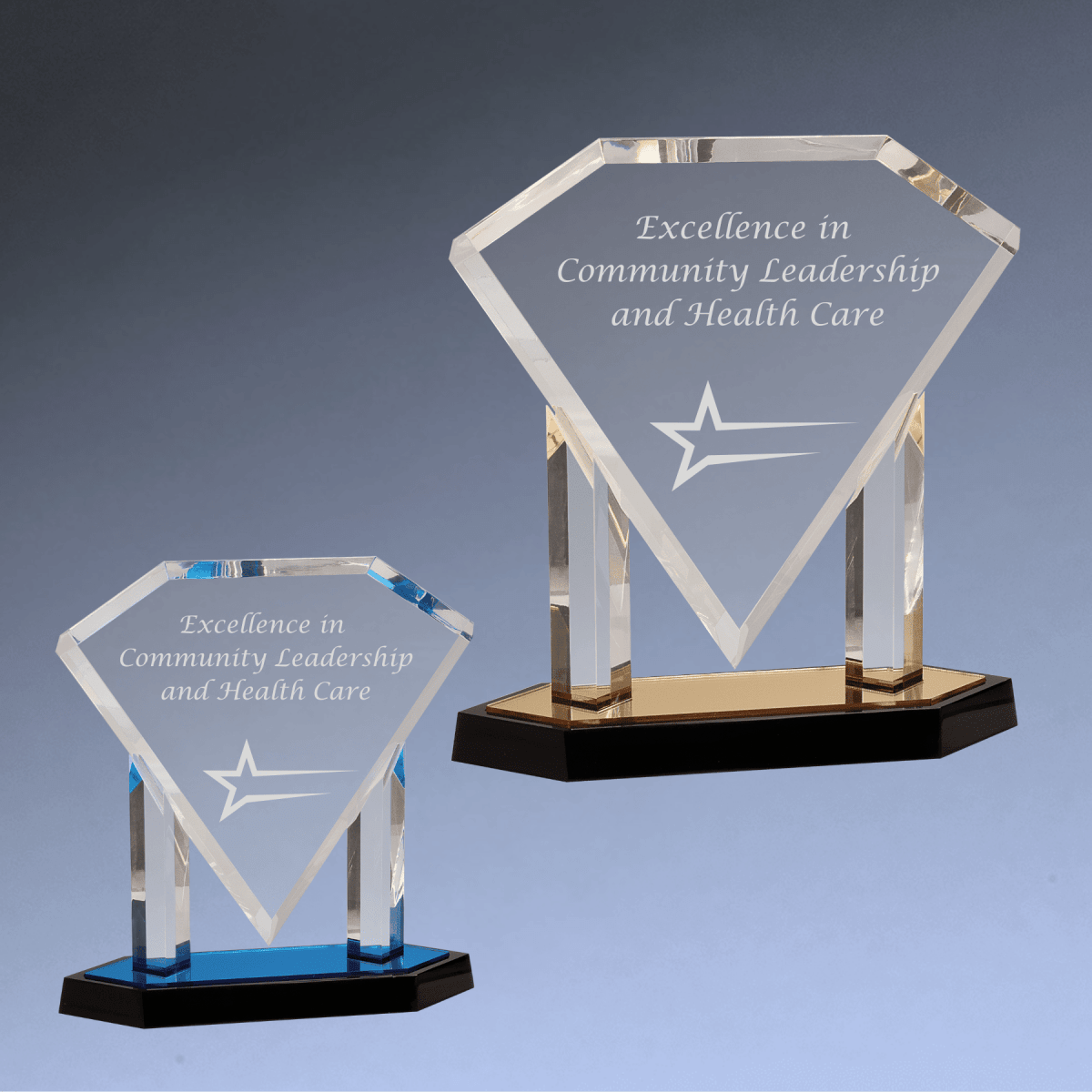 Floating Diamond Acrylic Award with Blue or Gold Mirror Base - Blue