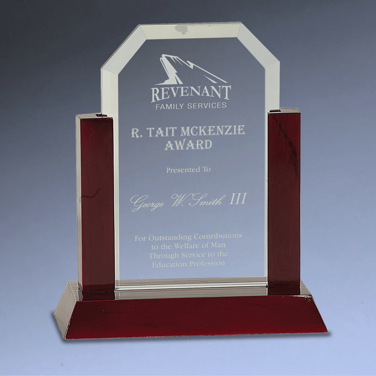 Gateway Jade Glass Awards with Rosewood Finish Base - Clipped Corner