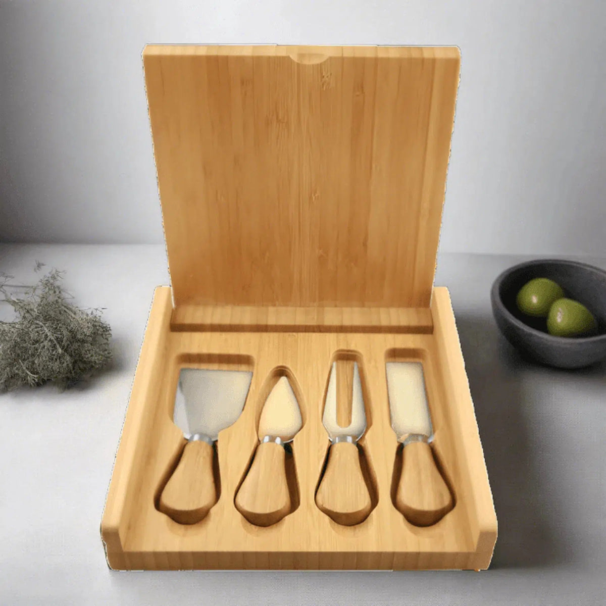 Genuine Bamboo Cheese Set with 4 Stainless Steel Tools - LightForce Laser Engraving, LLC