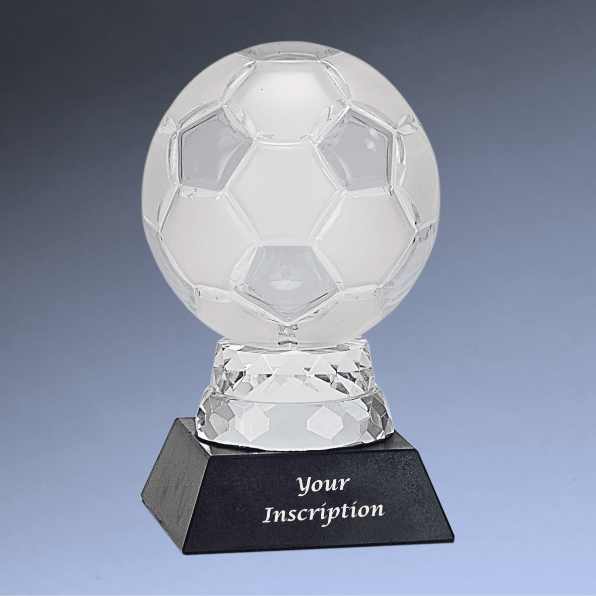 Glass Soccer Ball Trophy with Black Marble Base - Custom Engraved - 6 1/4" (H)