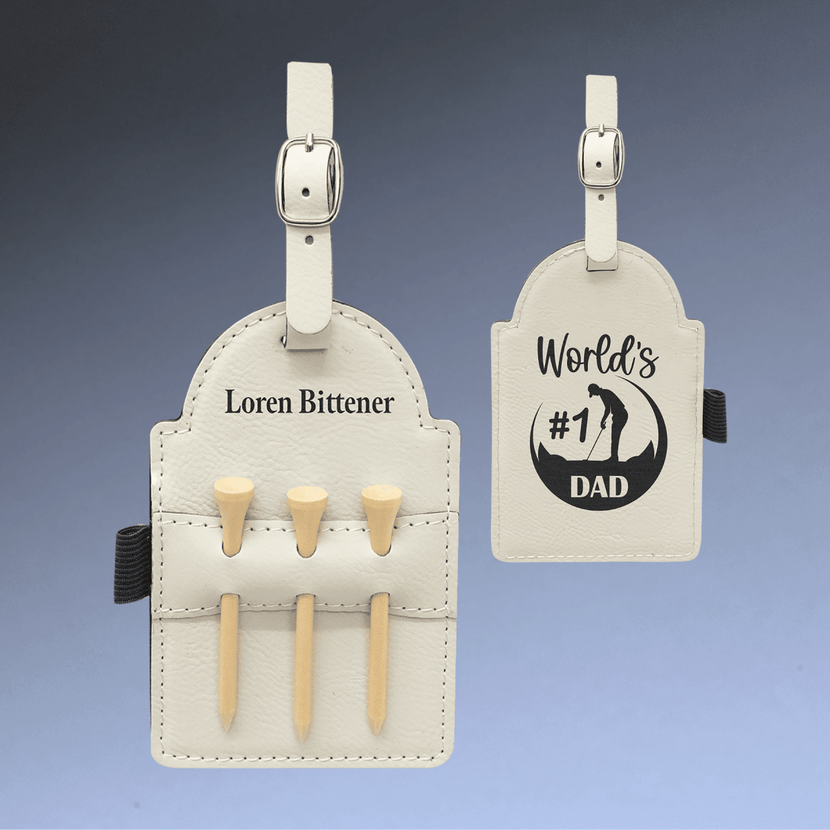 Golf Bag Tags with 3 Tees in Leathrette Colors & Sport Themes - White