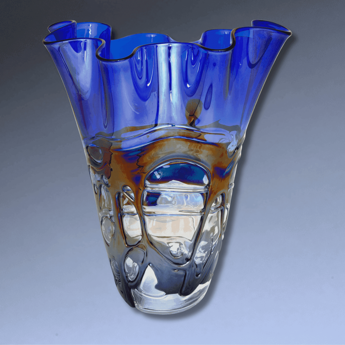 Hand - Blown Art Glass Vases – Swirl or Scalloped Designs - Scalloped in Blue Hues