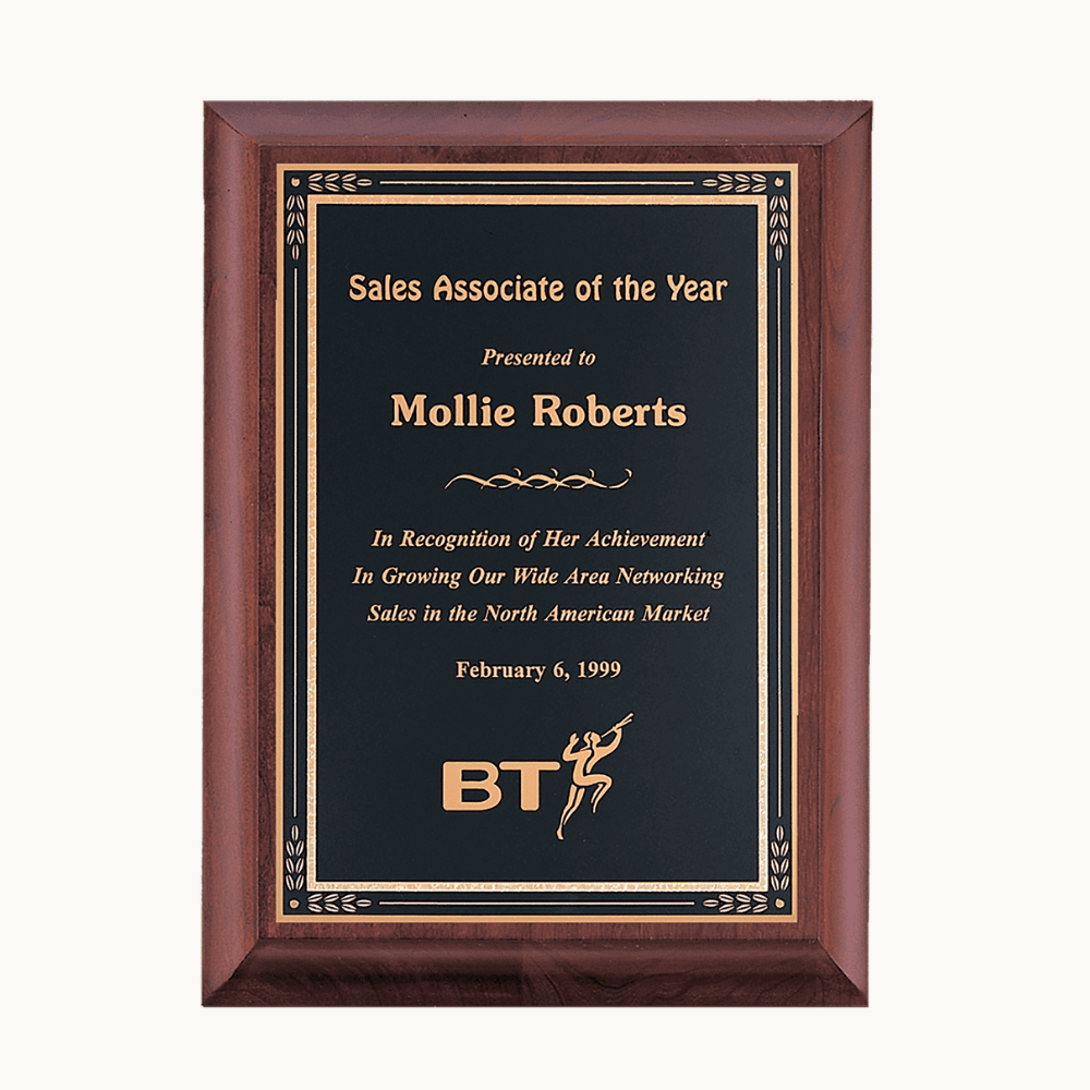 Hand - Rubbed Cherry Award Plaque with Florentine Plates - Black Gold Leaf Border
