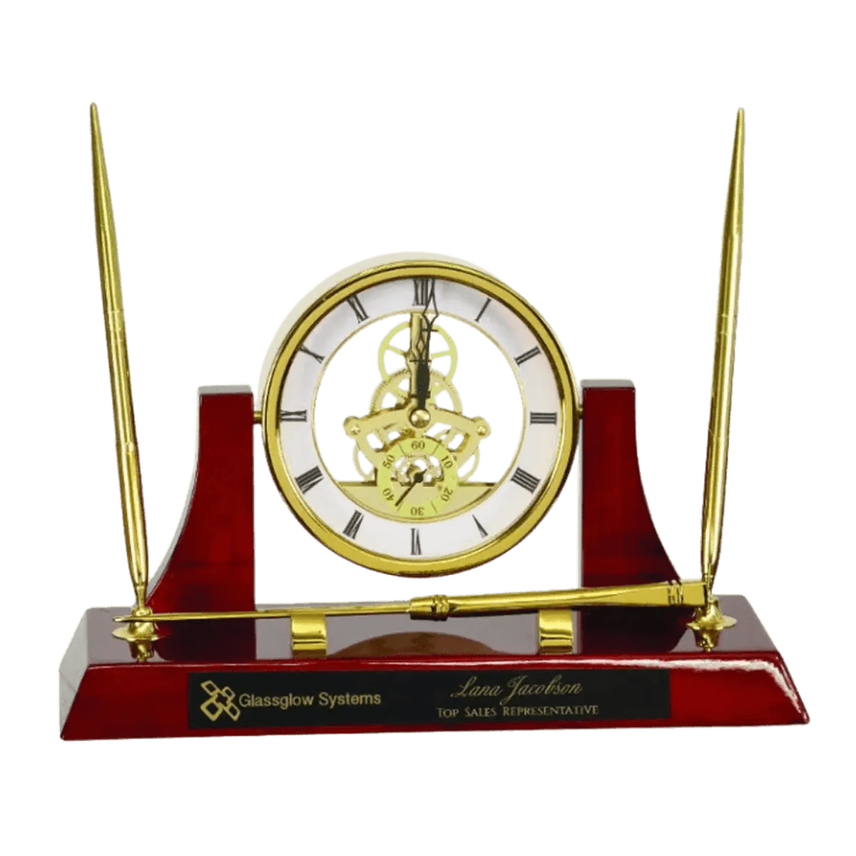 High Gloss Desk and Mantle Clocks with Custom Engraving - Executive Clock Set with Pen (Rosewood Piano Finish)