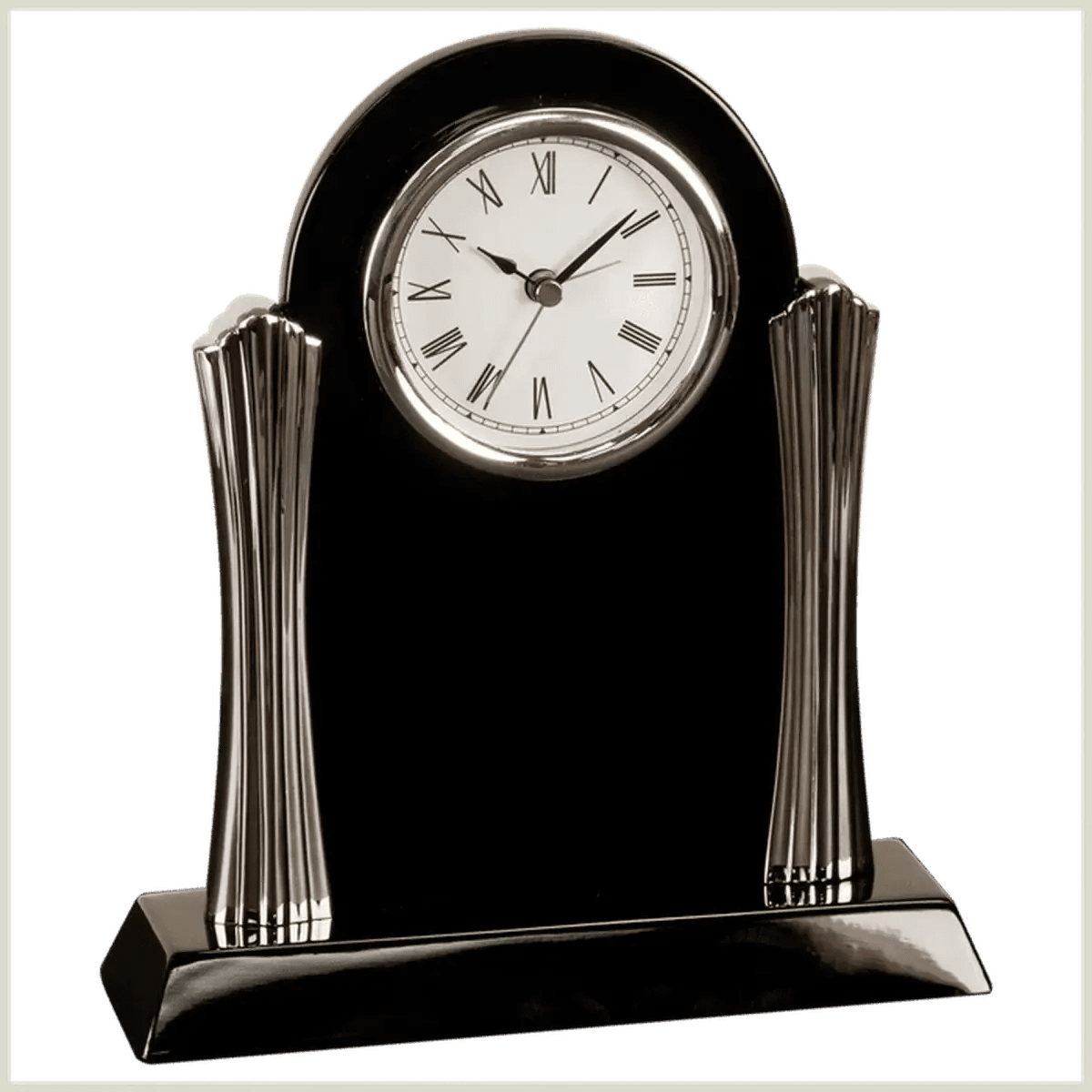 High Gloss Desk and Mantle Clocks with Custom Engraving - Executive Mantle Clock with Silver Columns (Black Piano Finish)