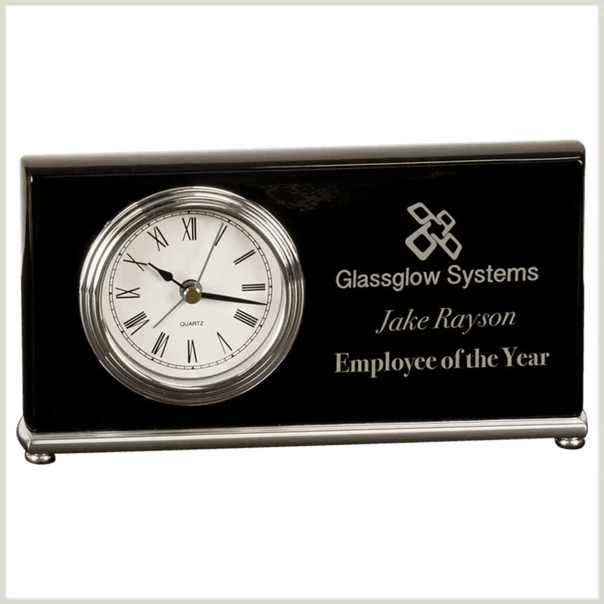 High Gloss Desk and Mantle Clocks with Custom Engraving - Horizontal Executive Desk Clock (Black Piano Finish)