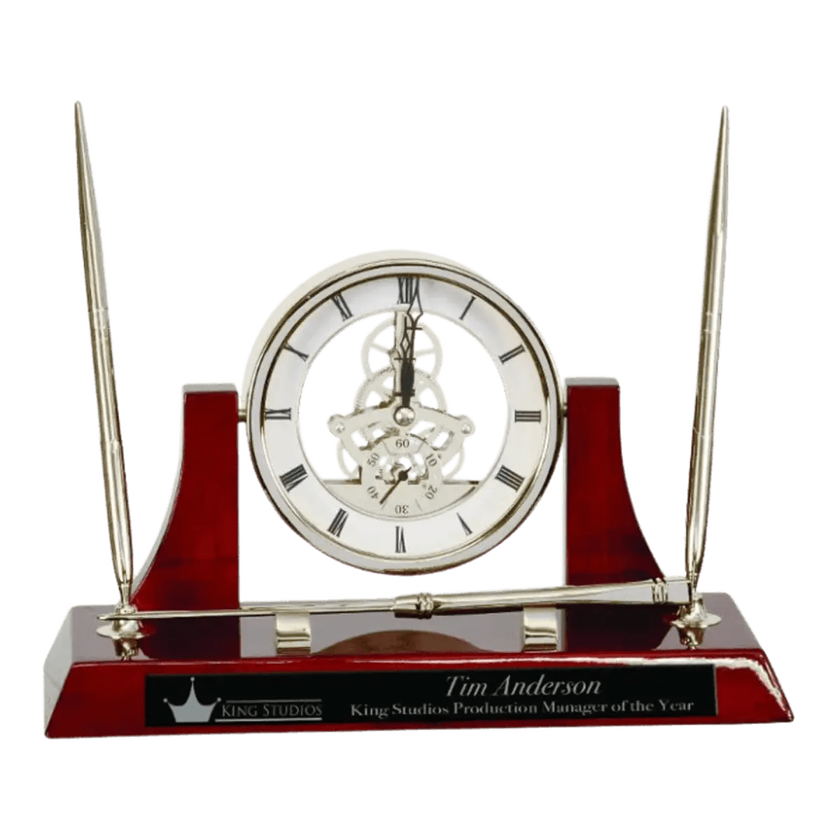 High Gloss Desk and Mantle Clocks with Custom Engraving - Executive Clock Set with Pen (Rosewood Piano Finish)