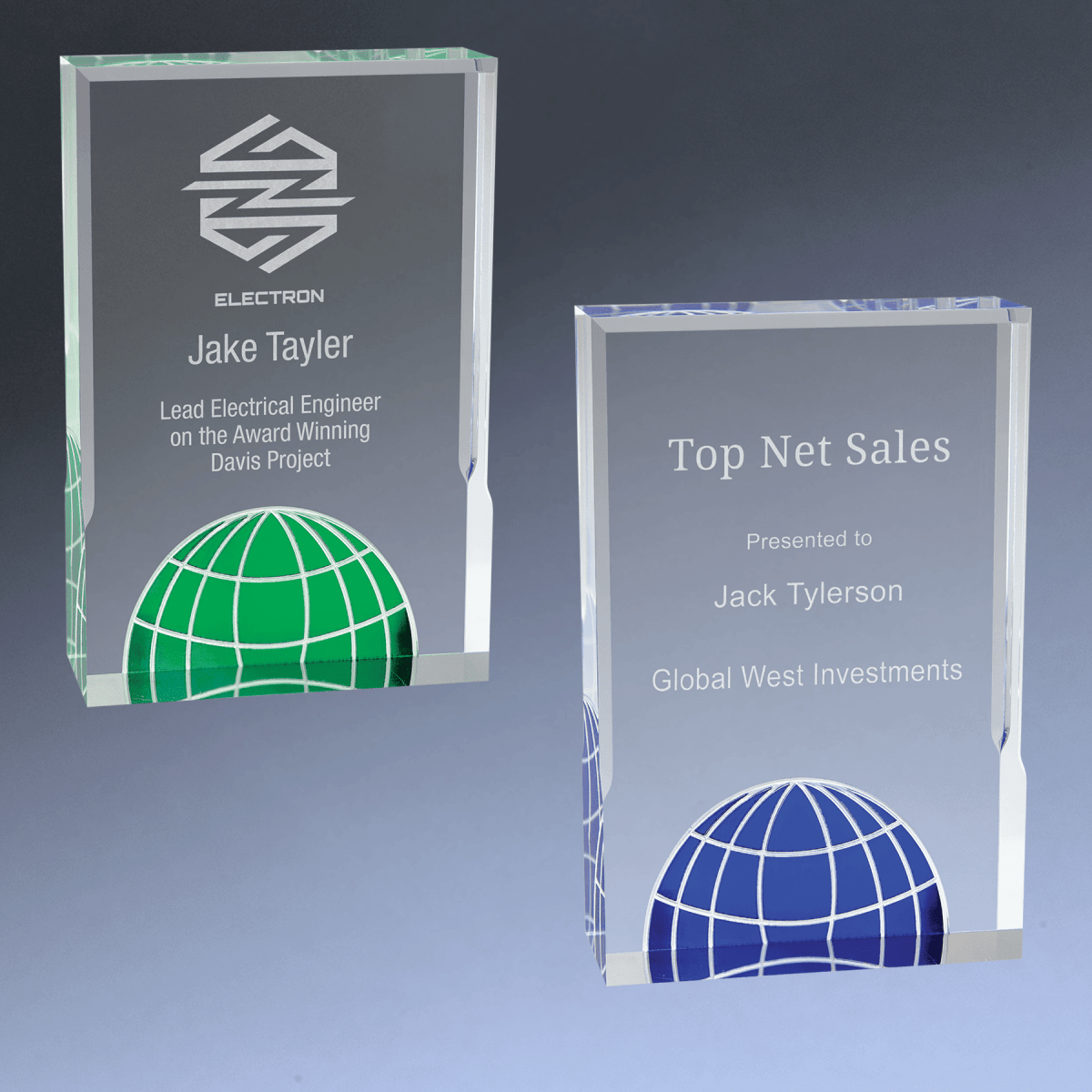 Laser Etched Acrylic Globe Award with Blue or Green Globe - Blue