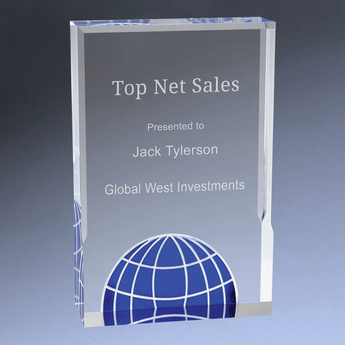 Laser Etched Acrylic Globe Award with Blue or Green Globe - Blue