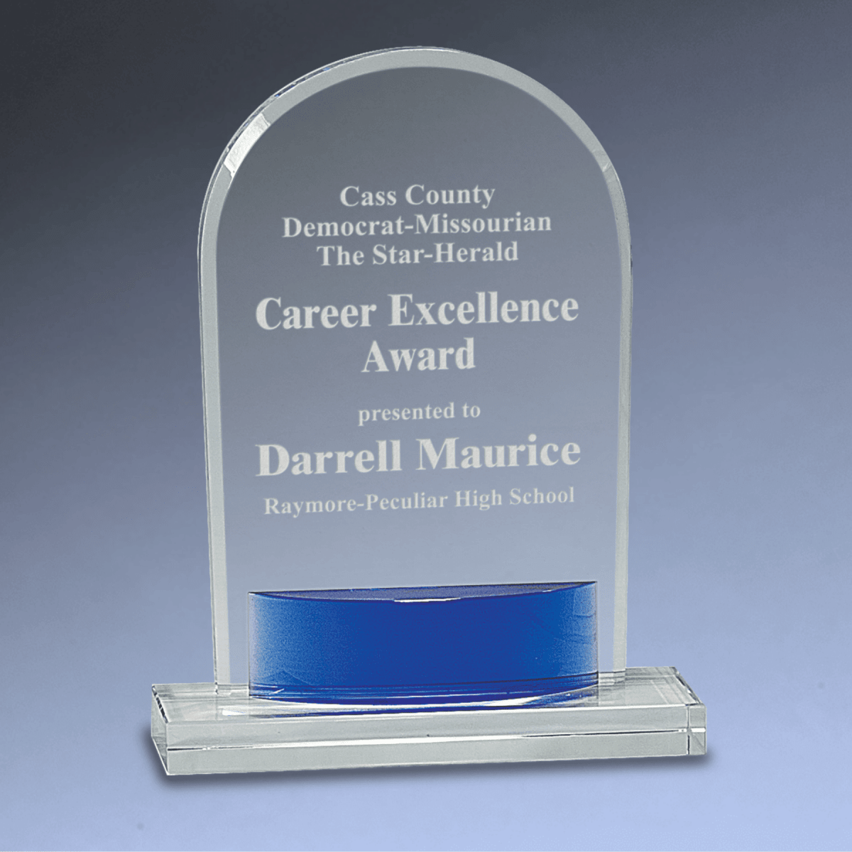 Laser Etched Crystal Awards with Blue Crystal Accents - Crystal Dome