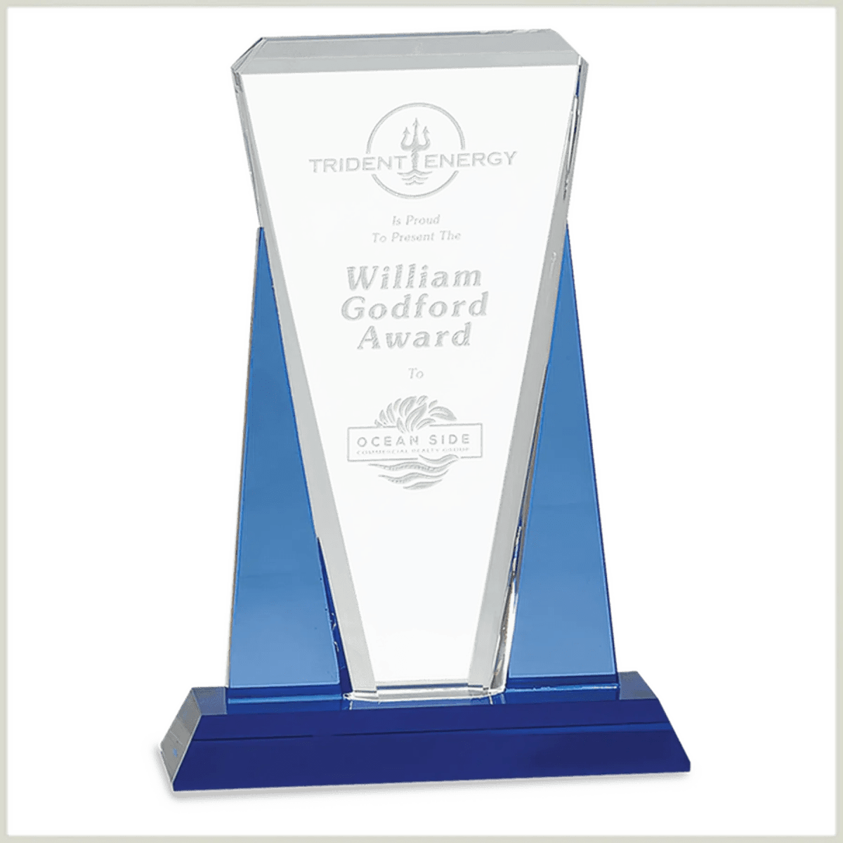 Laser Etched Crystal Awards with Blue Crystal Accents - Rectangle Crystal