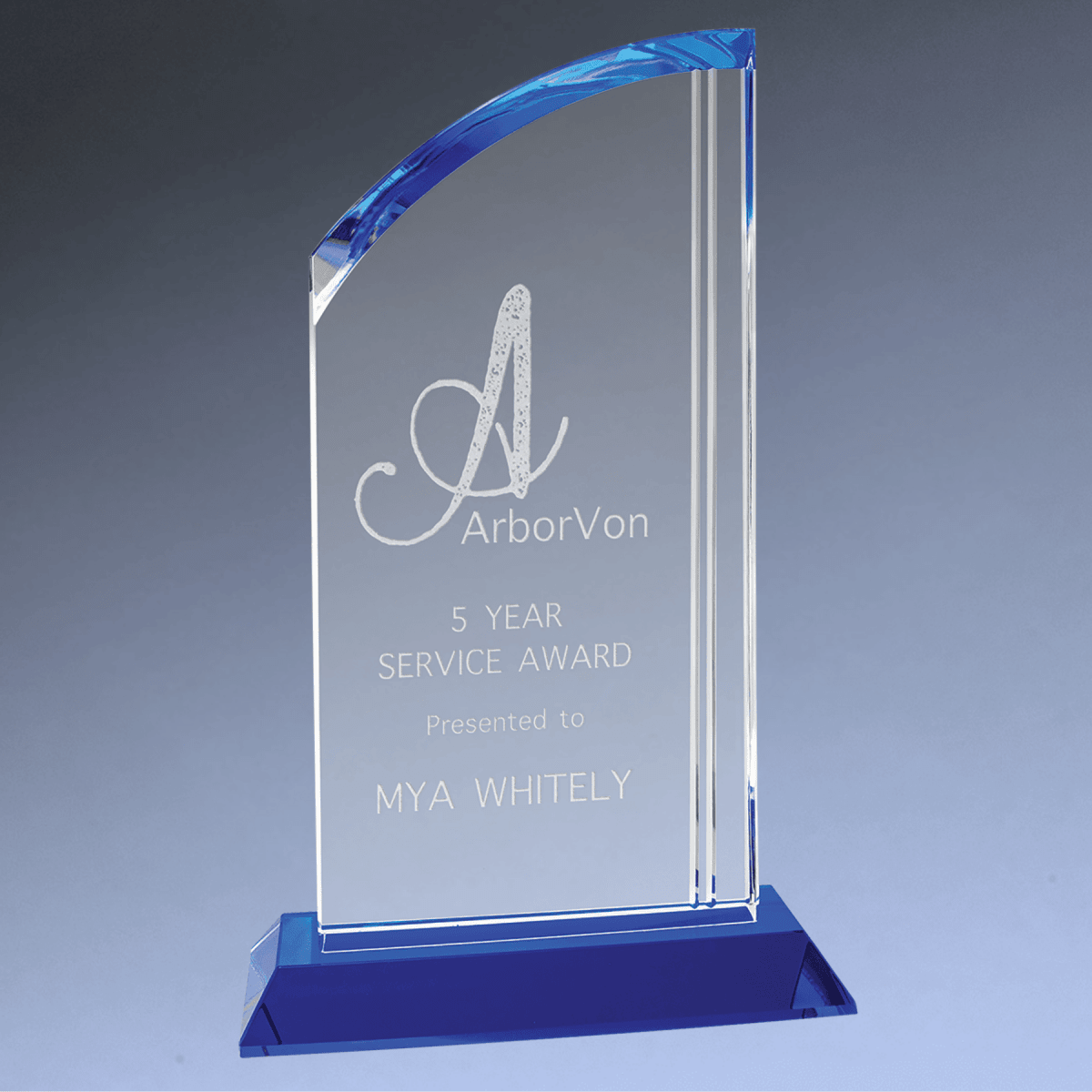 Laser Etched Crystal Awards with Blue Crystal Accents - Crystal Arch