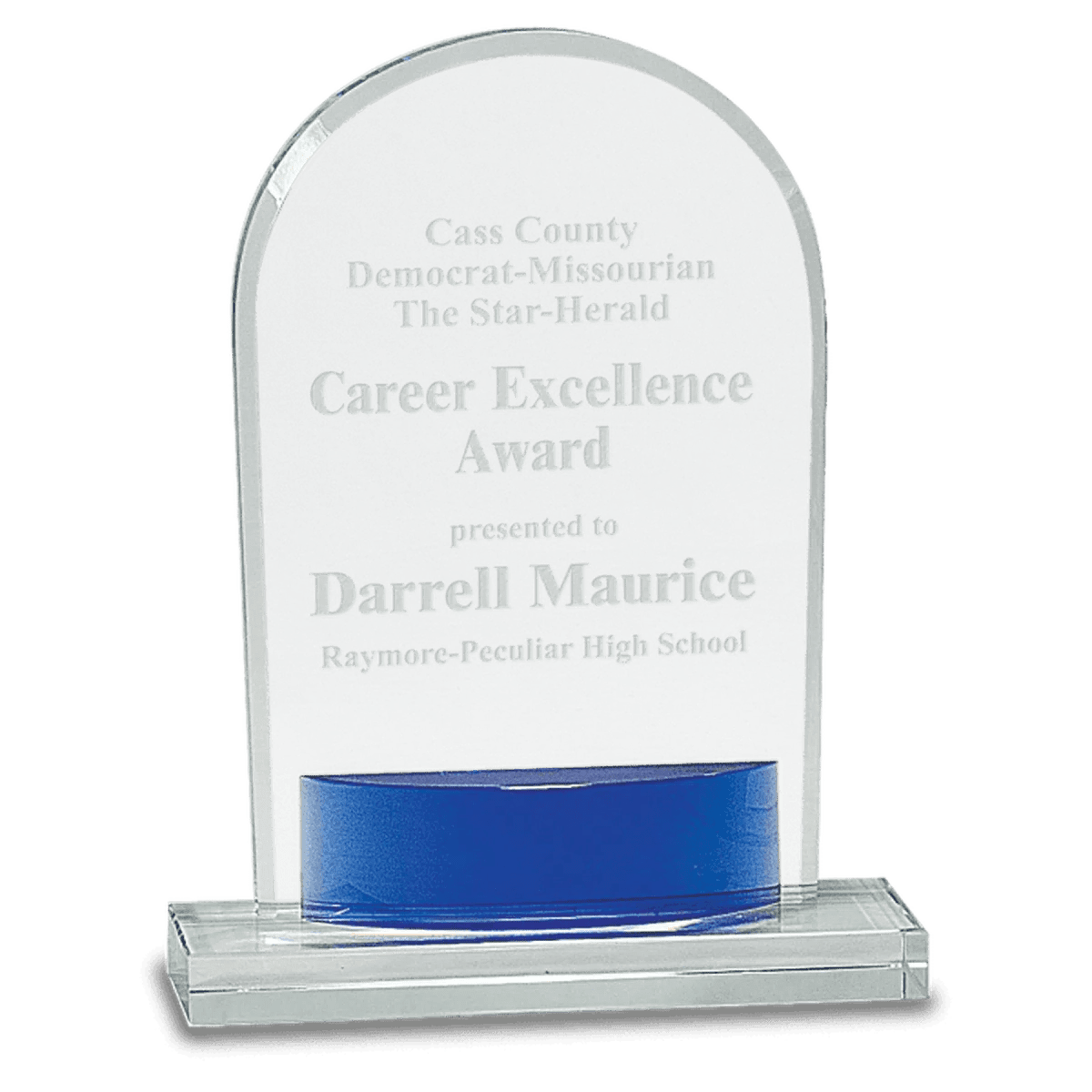 Laser Etched Crystal Awards with Blue Crystal Accents - Rectangle Crystal