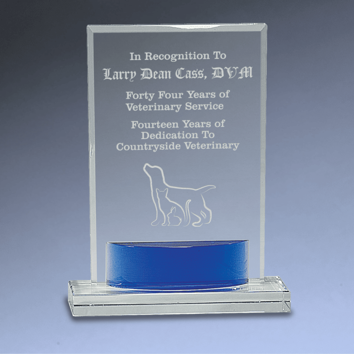 Laser Etched Crystal Awards with Blue Crystal Accents - Rectangle Crystal