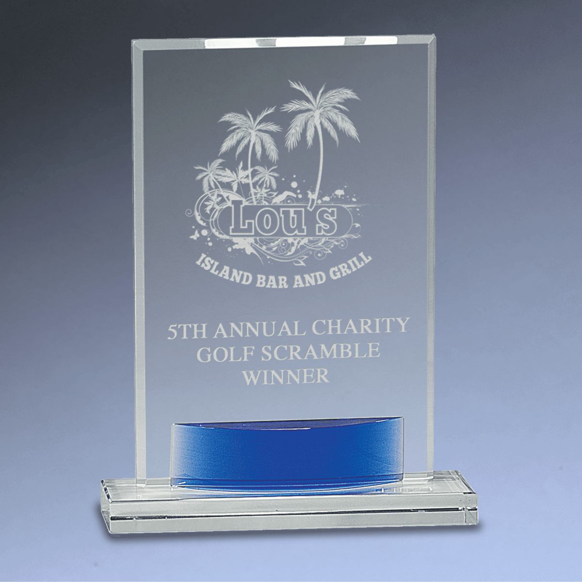 Laser Etched Crystal Awards with Blue Crystal Accents - Rectangle Crystal