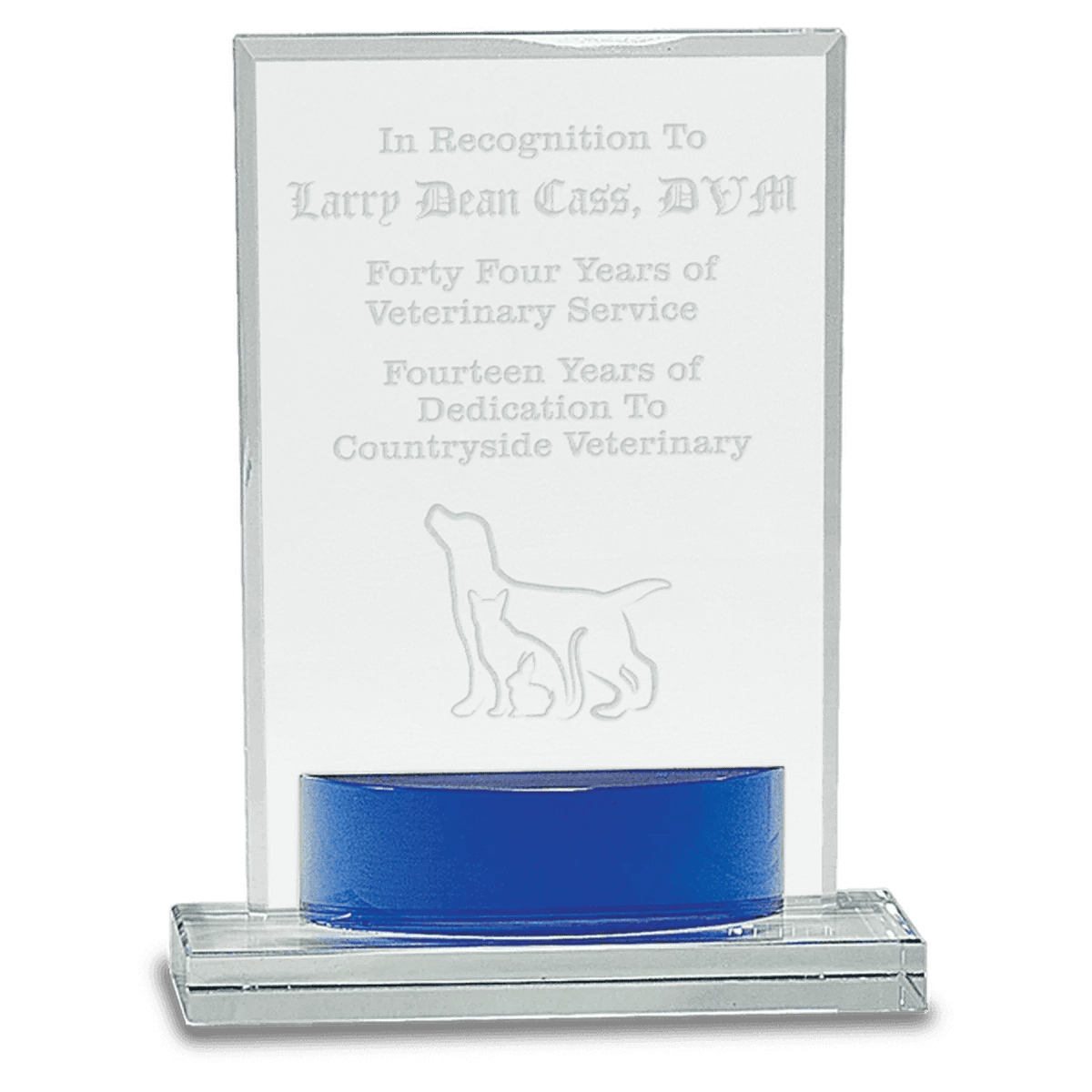 Laser Etched Crystal Awards with Blue Crystal Accents - Rectangle Crystal