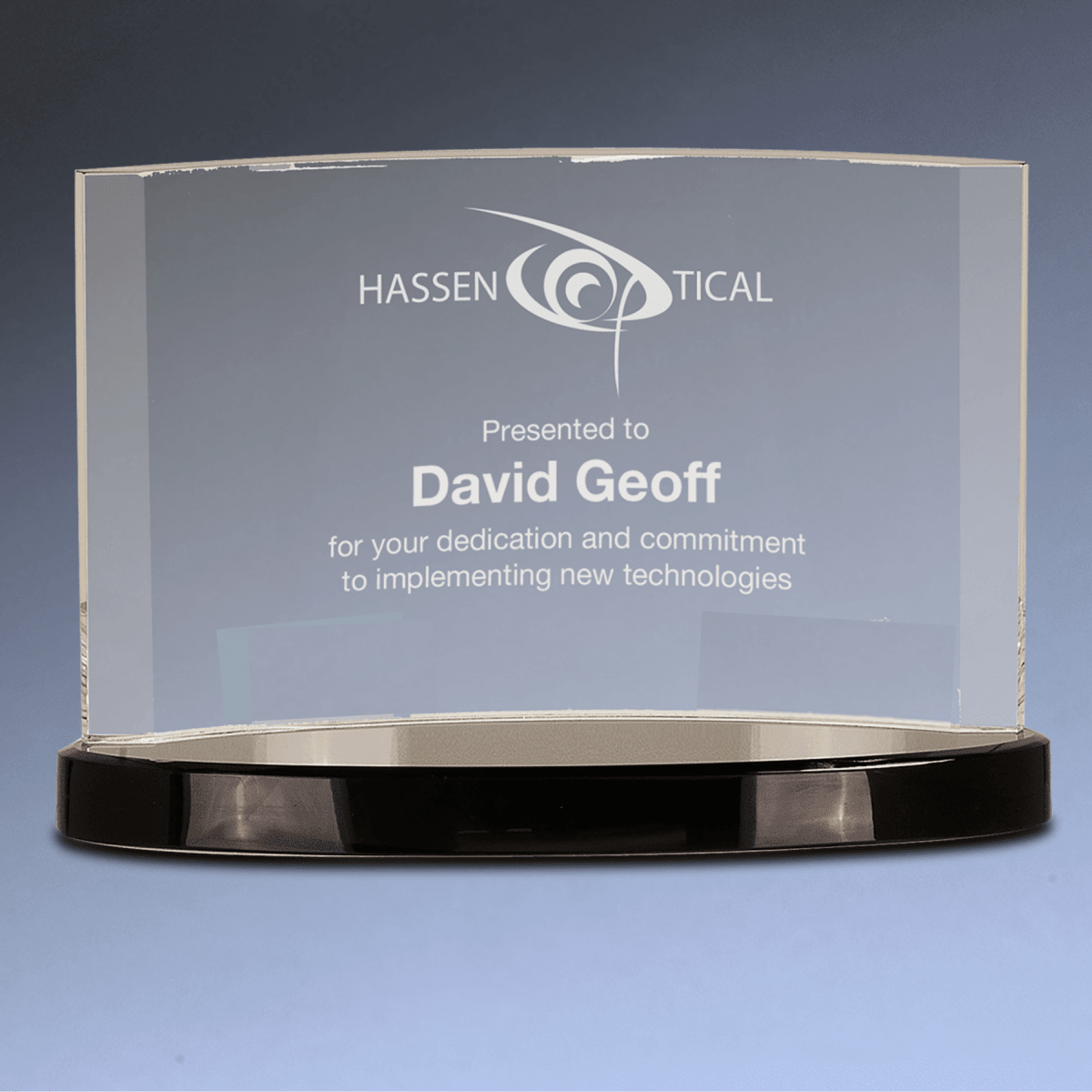 Laser Etched Crystal Crescent Award with Black Base - 9" x 6"