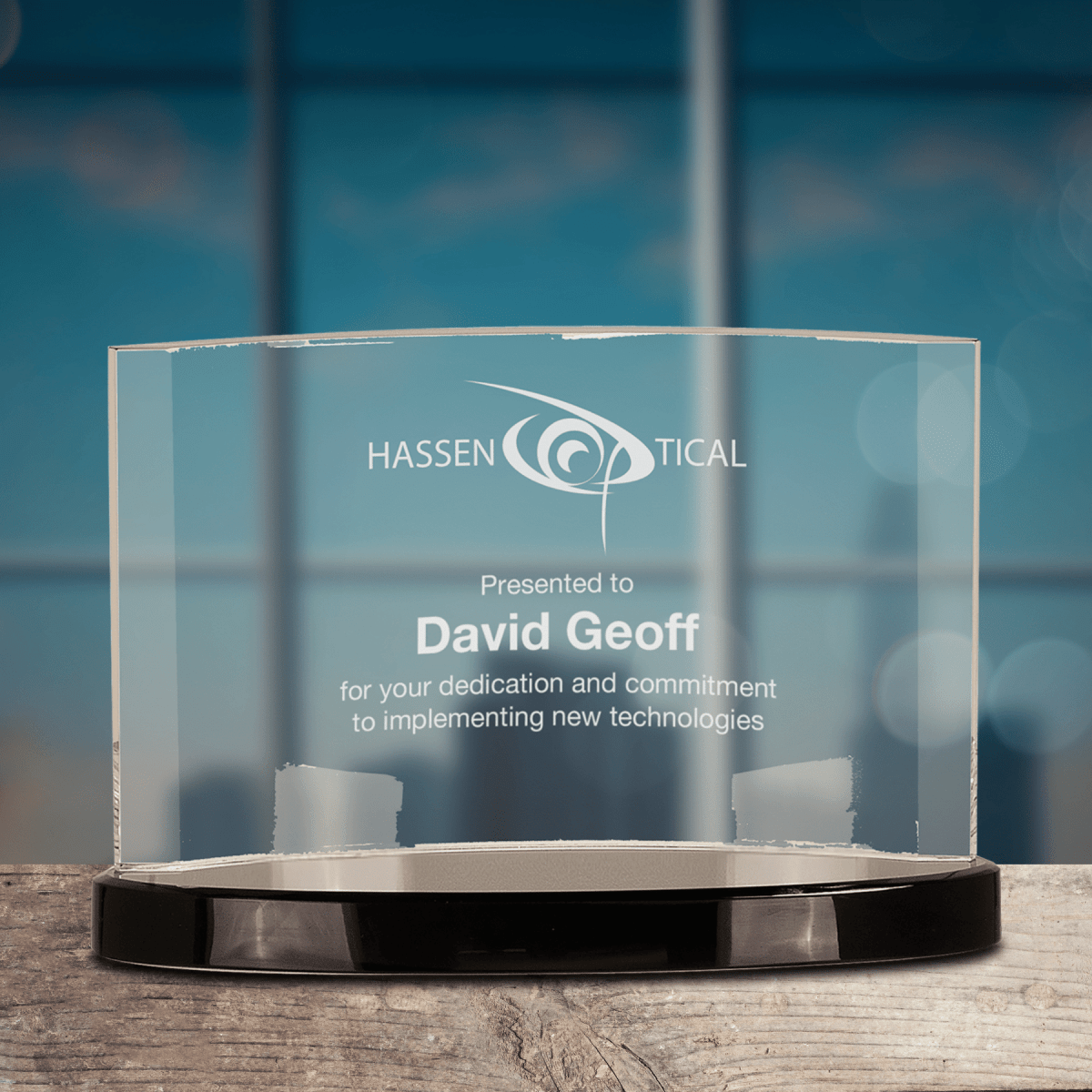 Laser Etched Crystal Crescent Award with Black Base - 9" x 6"