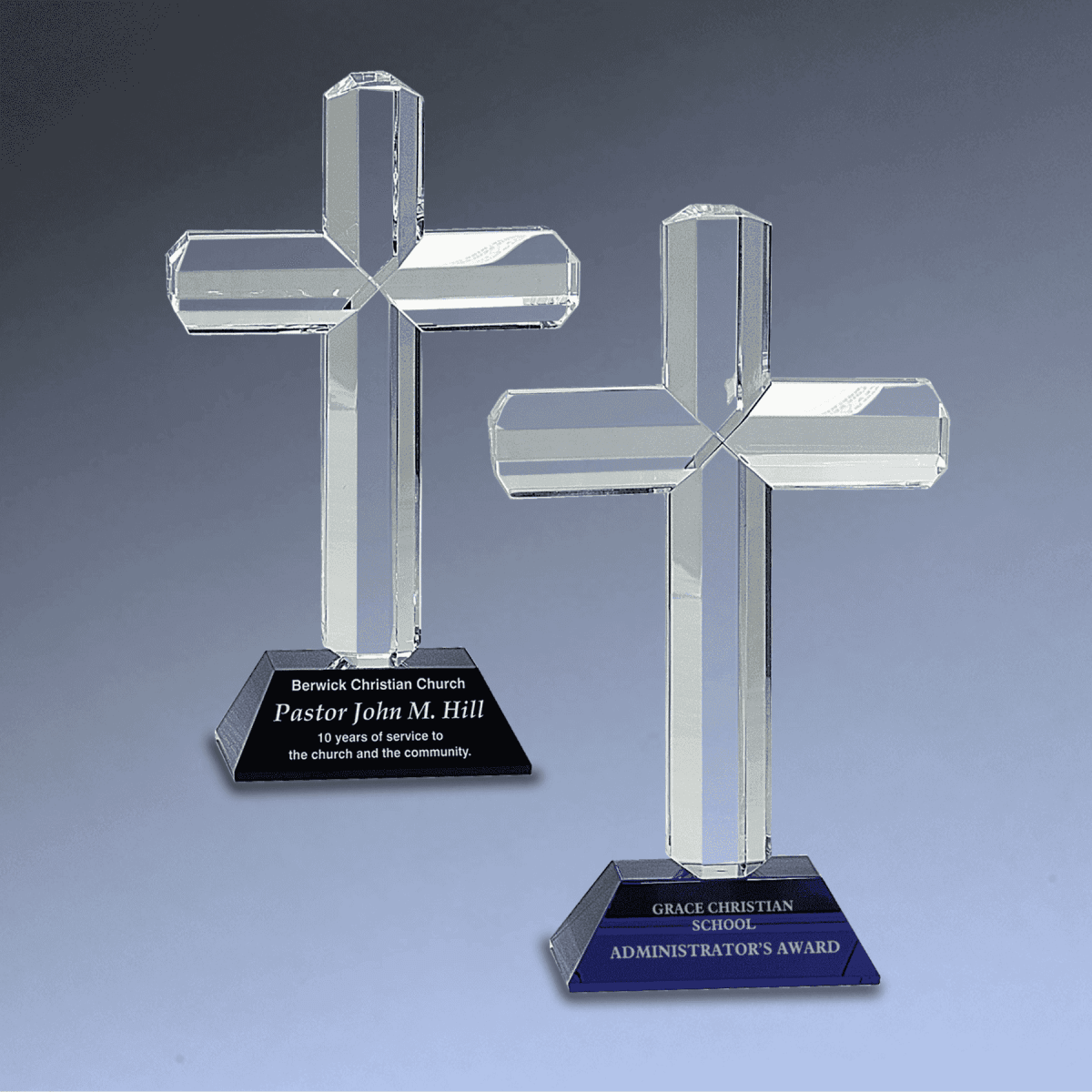 Laser Etched Crystal Cross on Pedestal Base | Faith - Based Recognition - Blue
