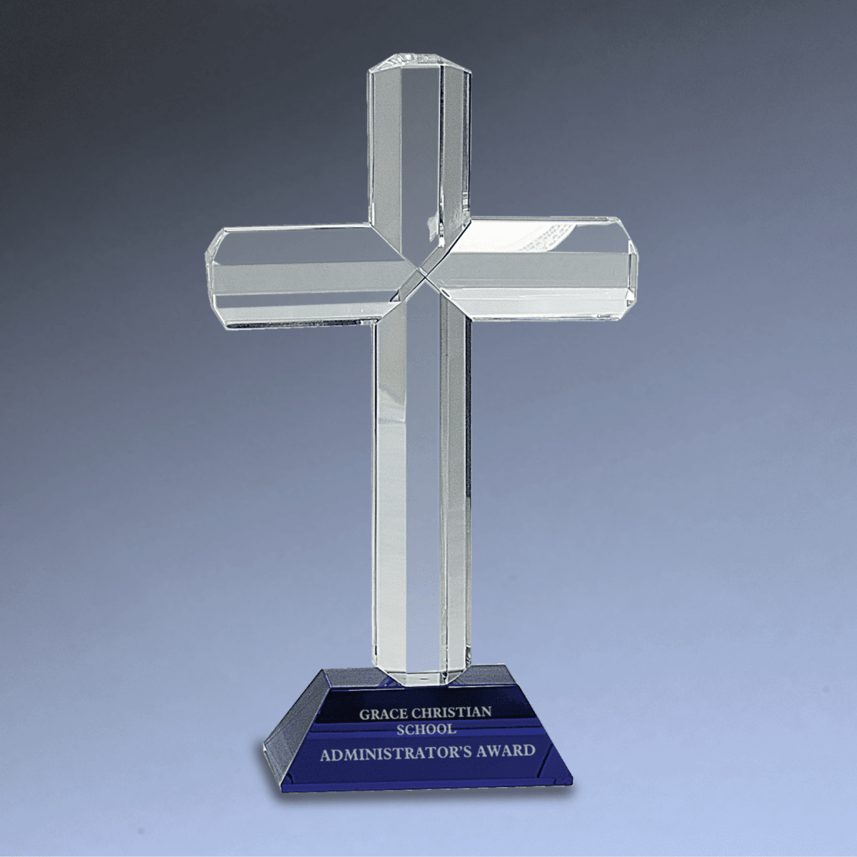 Laser Etched Crystal Cross on Pedestal Base | Faith - Based Recognition - Blue