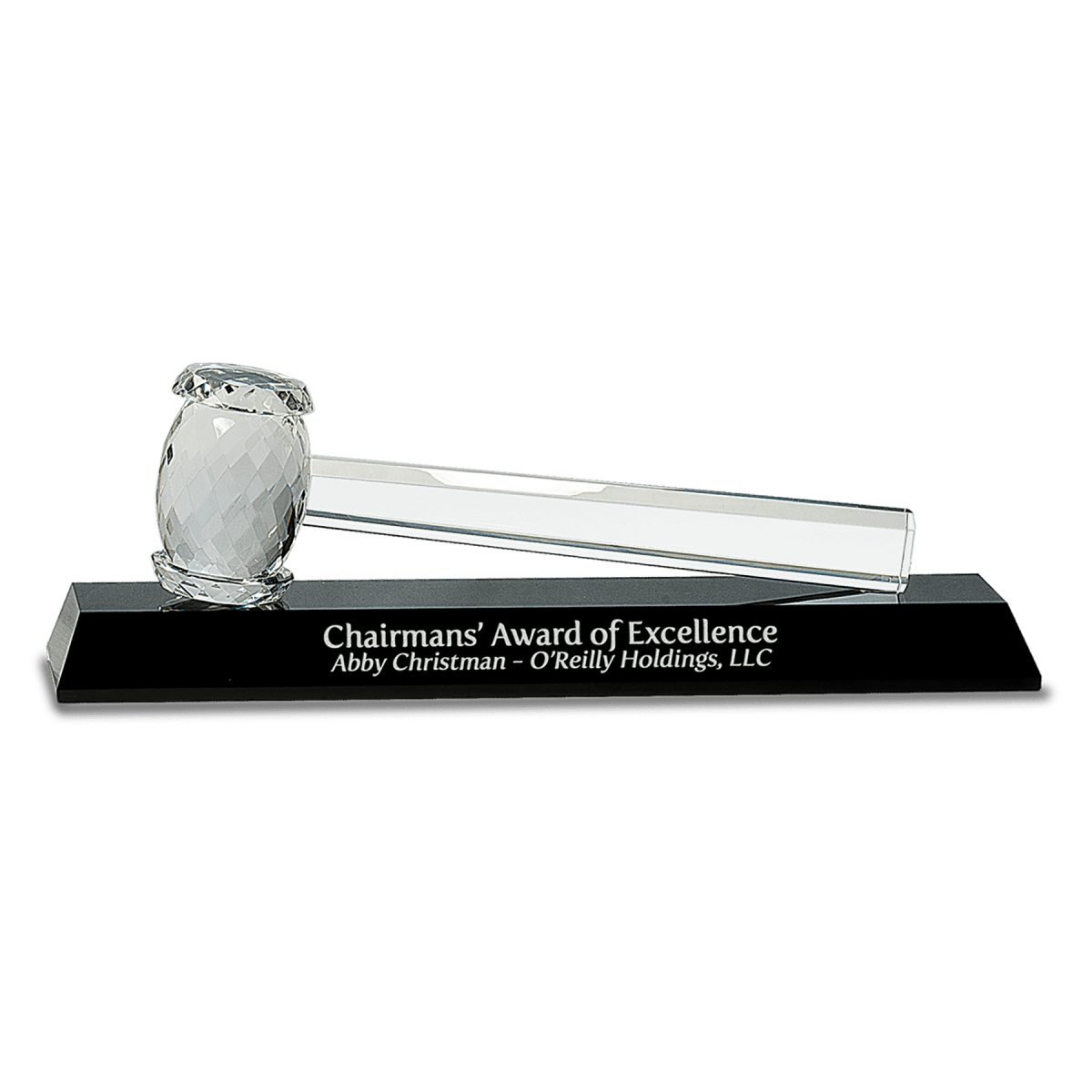 Laser Etched Crystal Gavel Award on Black Crystal Base - 13 7/8" x 4 1/4"