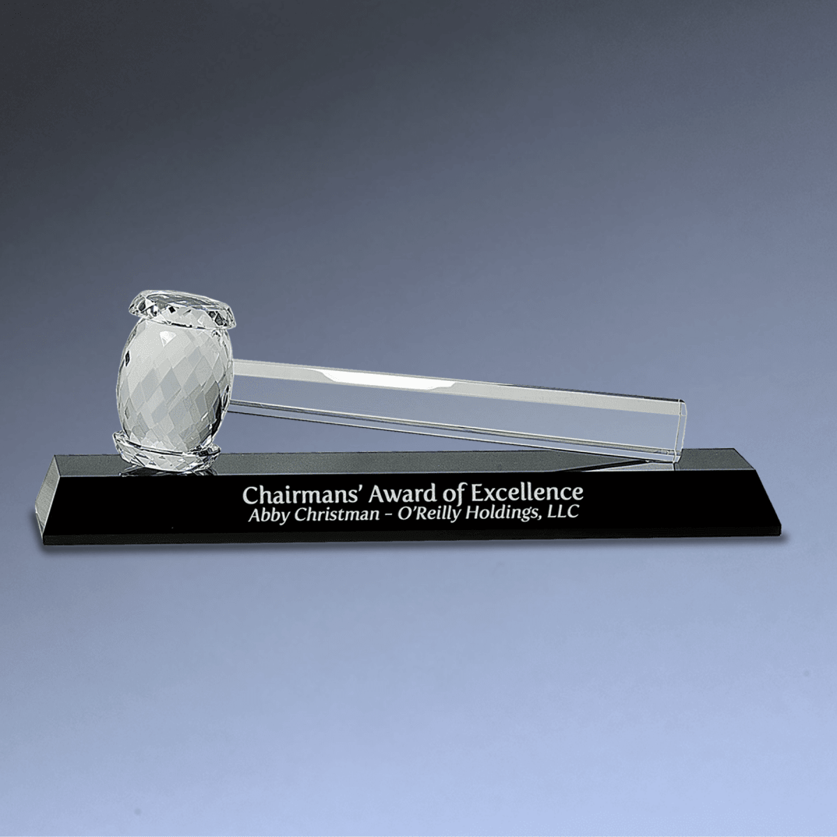 Laser Etched Crystal Gavel Award on Black Crystal Base - 13 7/8" x 4 1/4"