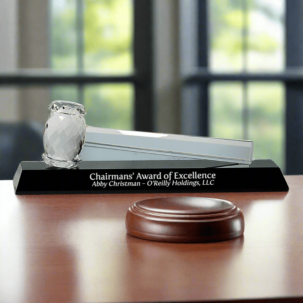 Laser Etched Crystal Gavel Award on Black Crystal Base - 13 7/8" x 4 1/4"