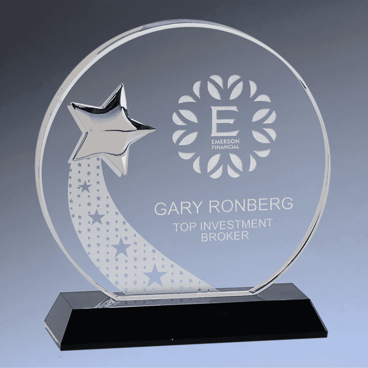 Laser Etched Crystal Shooting Star Awards - Round and Rectangle - Round with Star Embellishment and Etched Tail