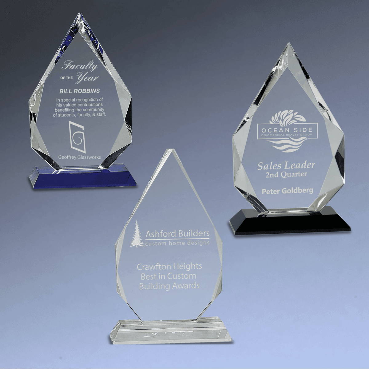 Laser Etched Faceted Crystal Diamond Awards - Blue