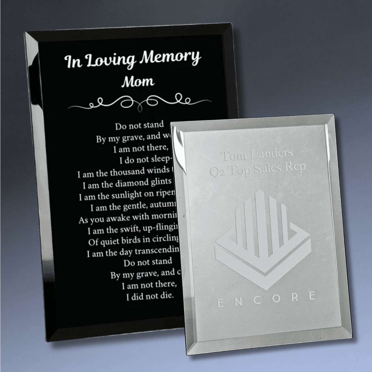 Laser Etched Mirror Glass Plaques for Recognition and Displays - Black