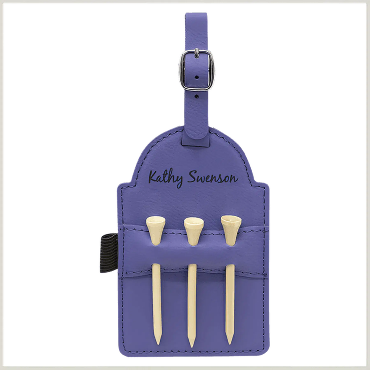 Personalized Golf Bag Tags with 3 Tees in Leathrette Colors Purple / Leatherette