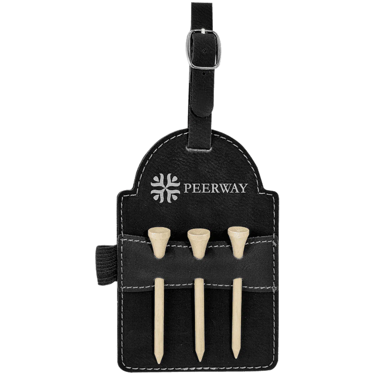 Personalized Golf Bag Tags with 3 Tees in Leathrette Colors Black/Silver / Leatherette