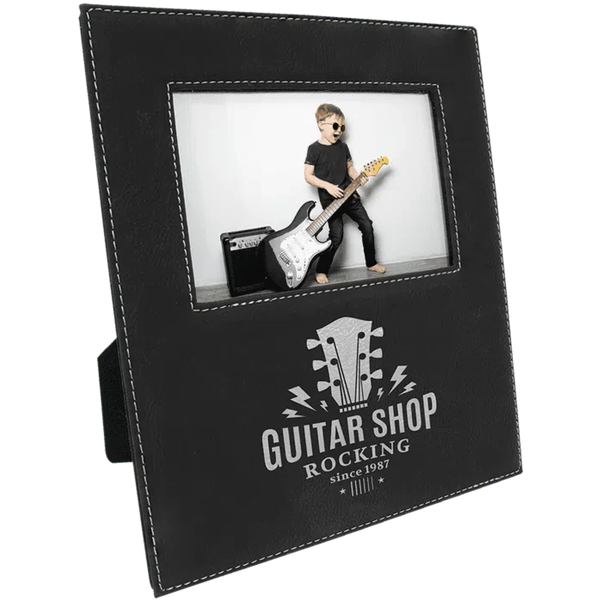 Picture Frames with Wide Personalization Area in Leatherette Colors 4" x 6" / Black/Silver