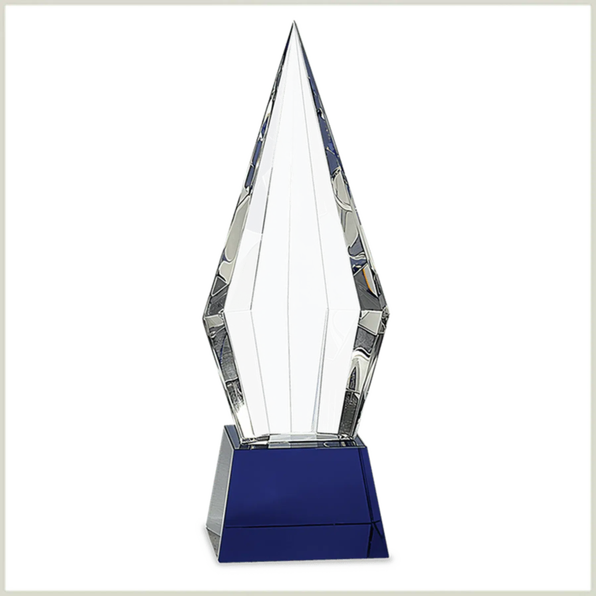 Obelisk Facet Crystal on Blue Pedestal Base - LightForce Laser Engraving, LLC