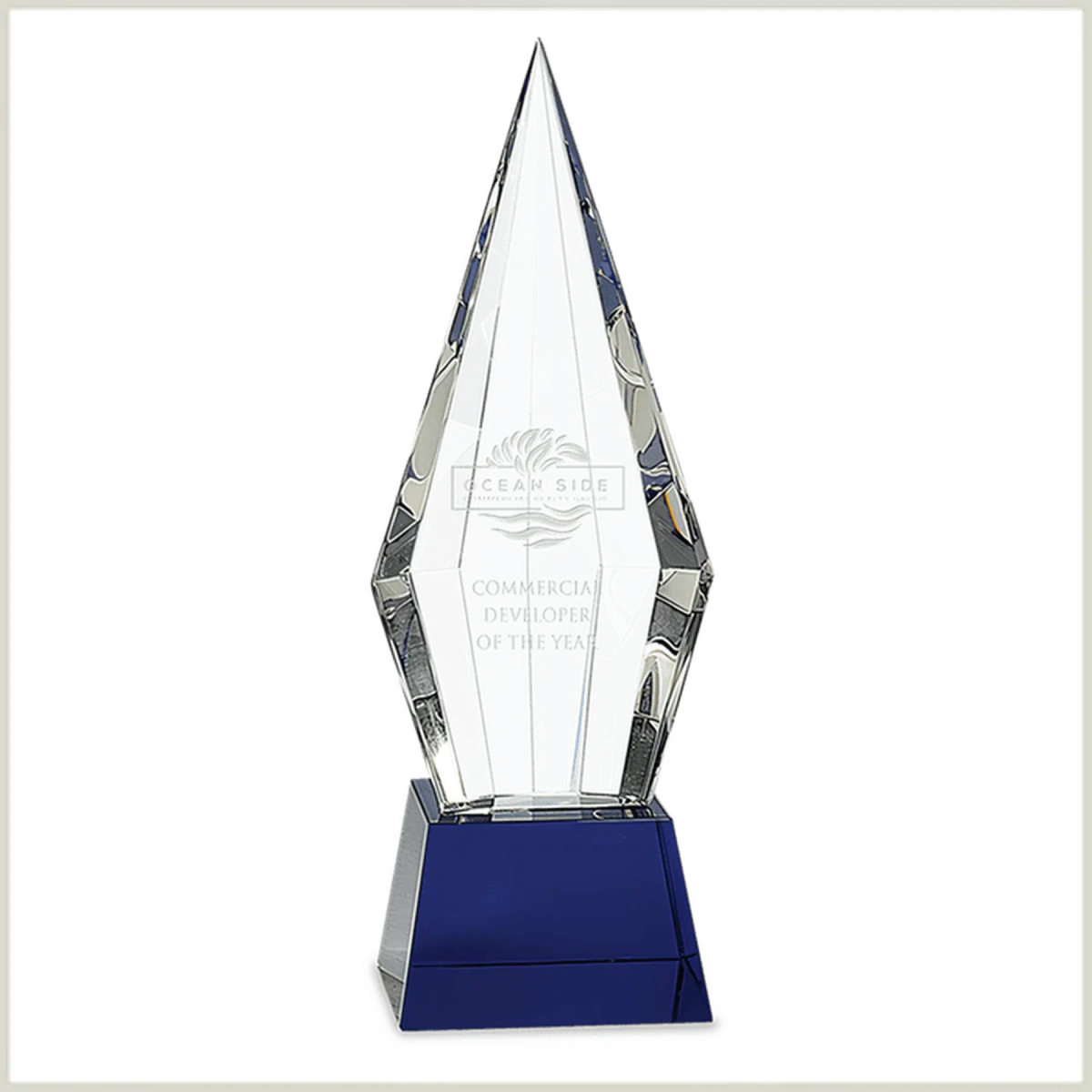 Obelisk Facet Crystal on Blue Pedestal Base - LightForce Laser Engraving, LLC