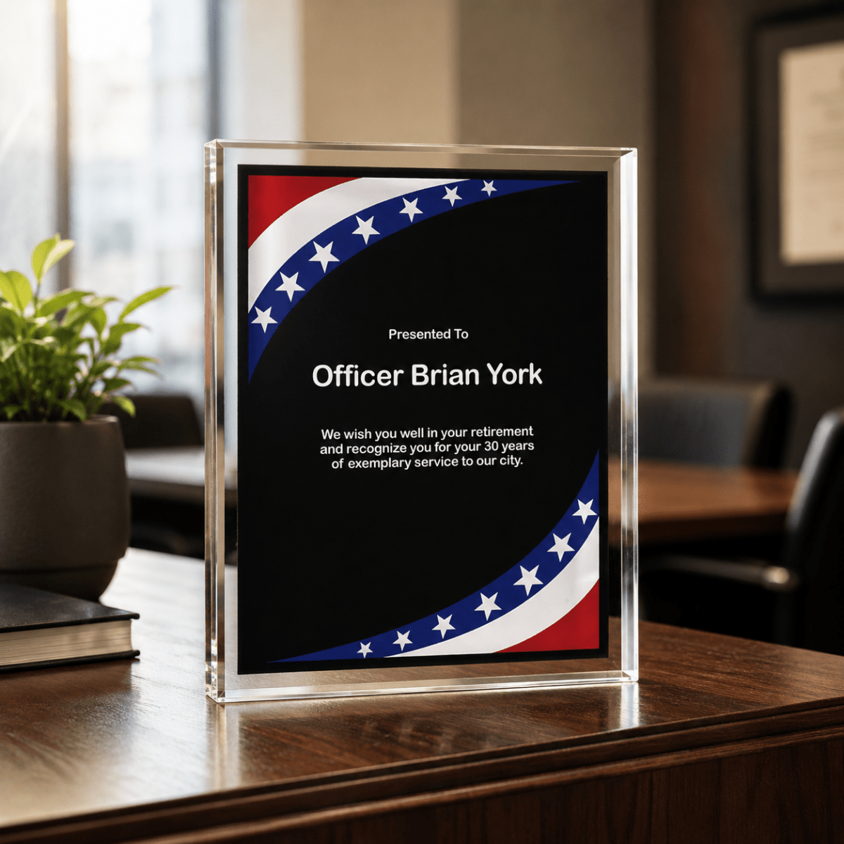Patriotic Stars & Stripes Acrylic Award Plaque with Clear Frame - 7" x 9"
