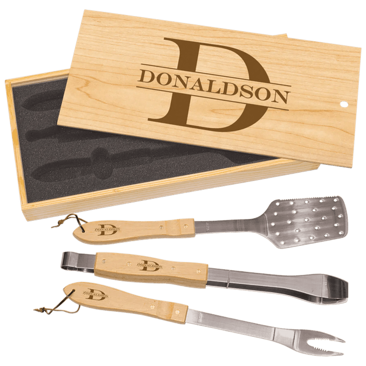 Personalized 3 - Piece Barbeque Tool Set in Maple or Bamboo - Maple Case
