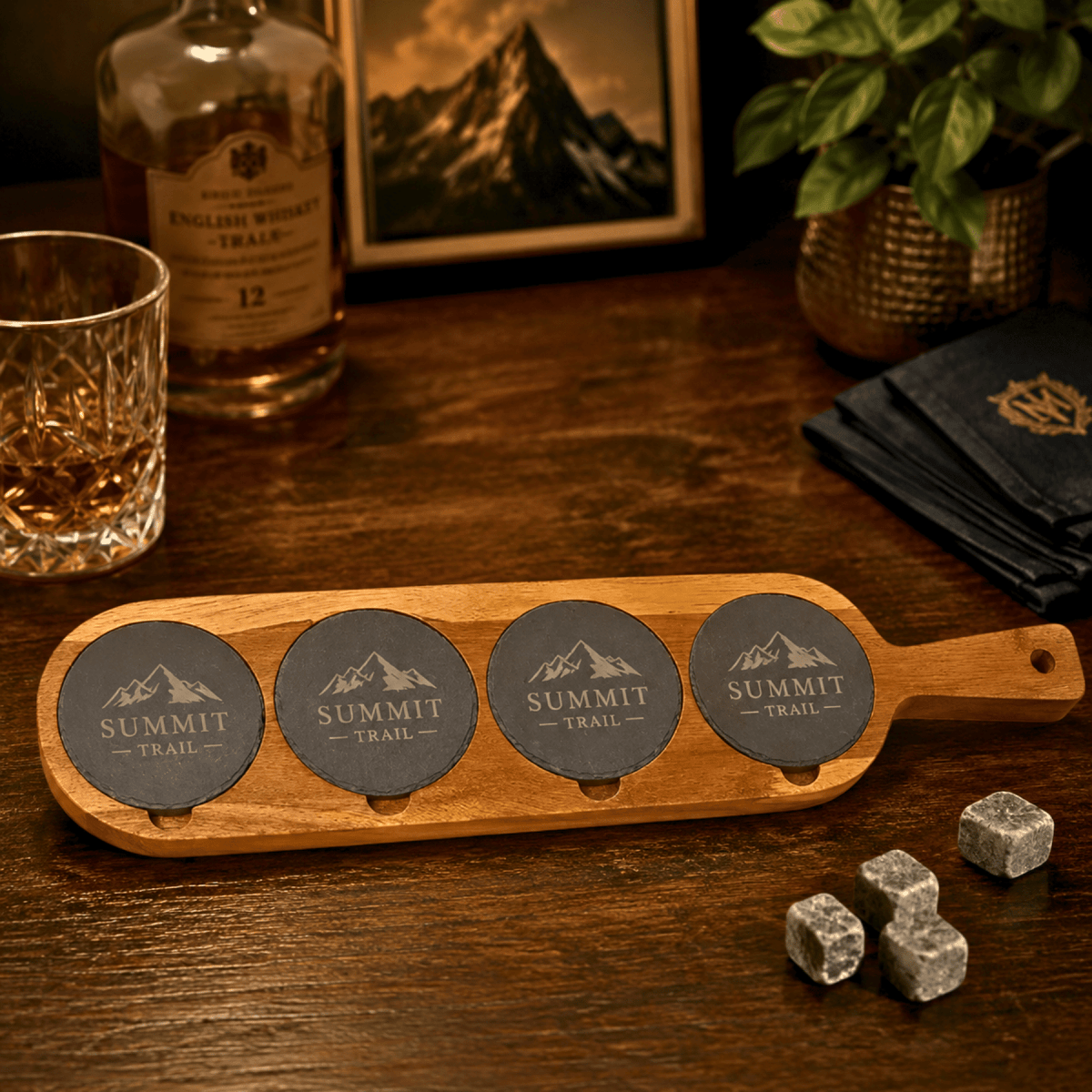 Personalized Acacia Wood Tasting Board with Coasters - 18 1/2" x 4 1/4"