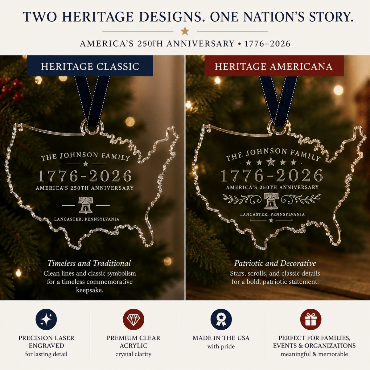 Personalized America 250 USA Map Acrylic Ornament - Heritage Classic