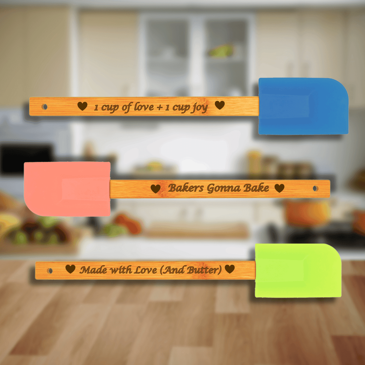 Personalized Bamboo Handle Silicone Spatulas – 6 Colors Available - Blue