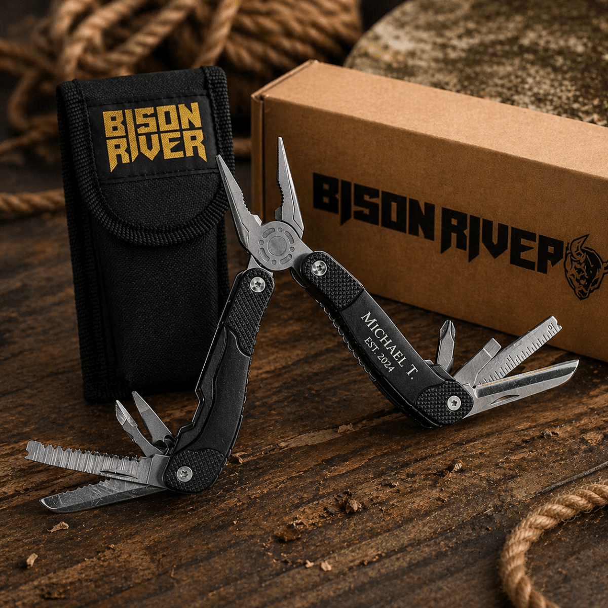 Personalized Bison River 13 Function Multi Tool with Nylon Sheath - Black