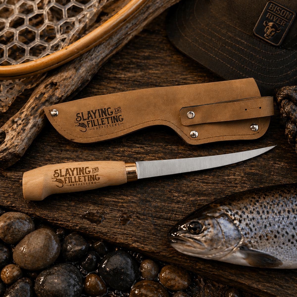 Personalized Bison River Fillet Knife with Leather Sheath - 7" Blade (Overall Size: 11 3/4" x 1 1/4")