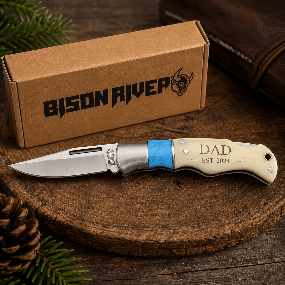 Personalized Bison River Folding Knife | Bone or Wood Handle - Button Lock and Clip