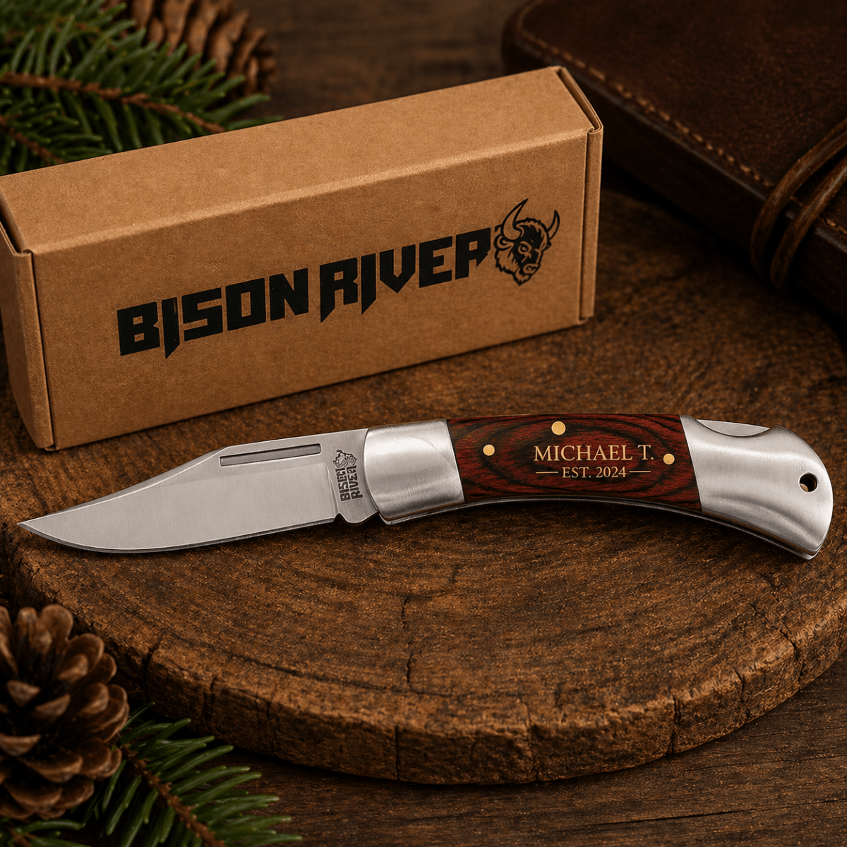 Personalized Bison River Folding Knife | Bone or Wood Handle - Button Lock and Clip
