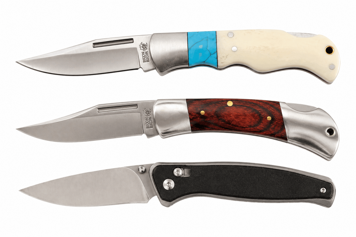 Personalized Bison River Folding Knife | Bone or Wood Handle - Button Lock and Clip