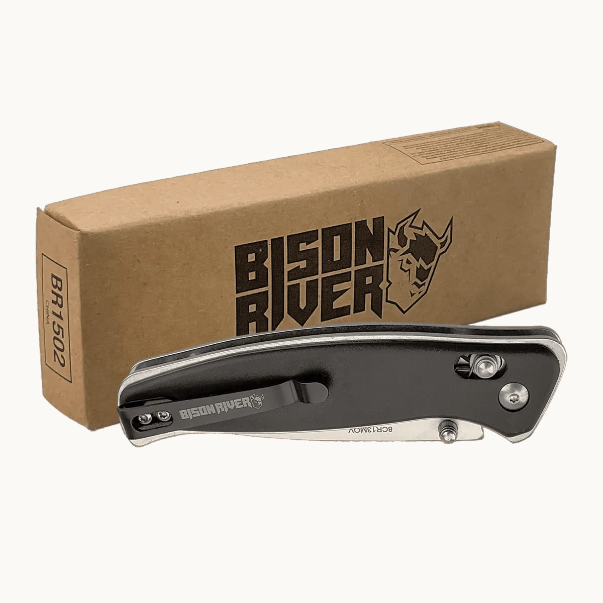 Personalized Bison River Folding Knife with Stainless Steel Blade - Button Lock and Clip - Black Anodized Aluminum