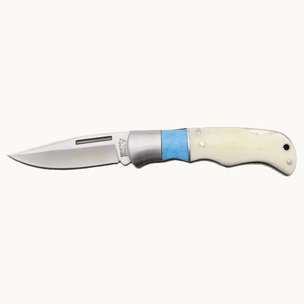 Personalized Bison River Folding Knife with Stainless Steel Blade - Lock Back Blade - Bone Handle with Epoxy Inlay