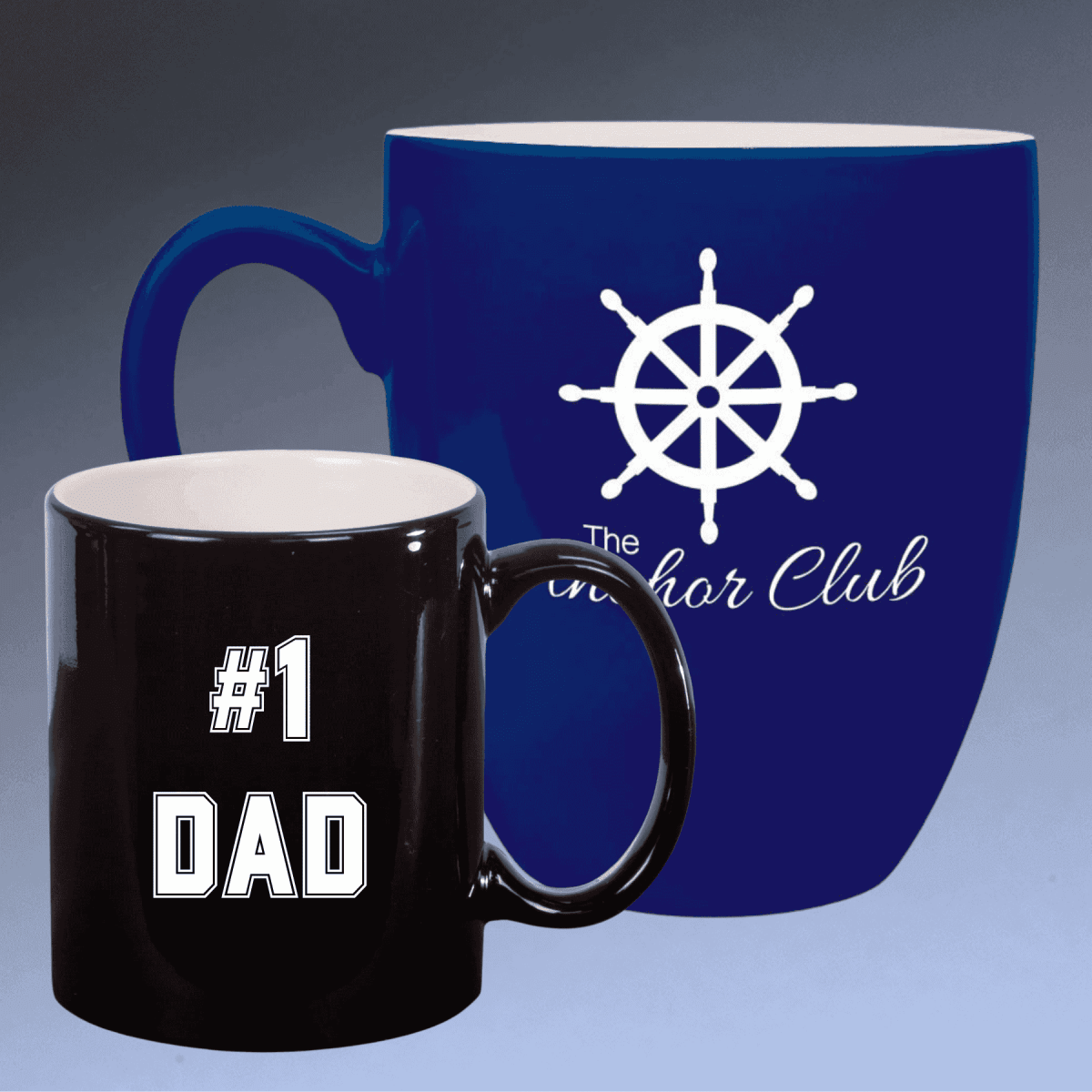 Personalized Ceramic Coffee Mugs – Bistro and Rounded Styles - Blue/White
