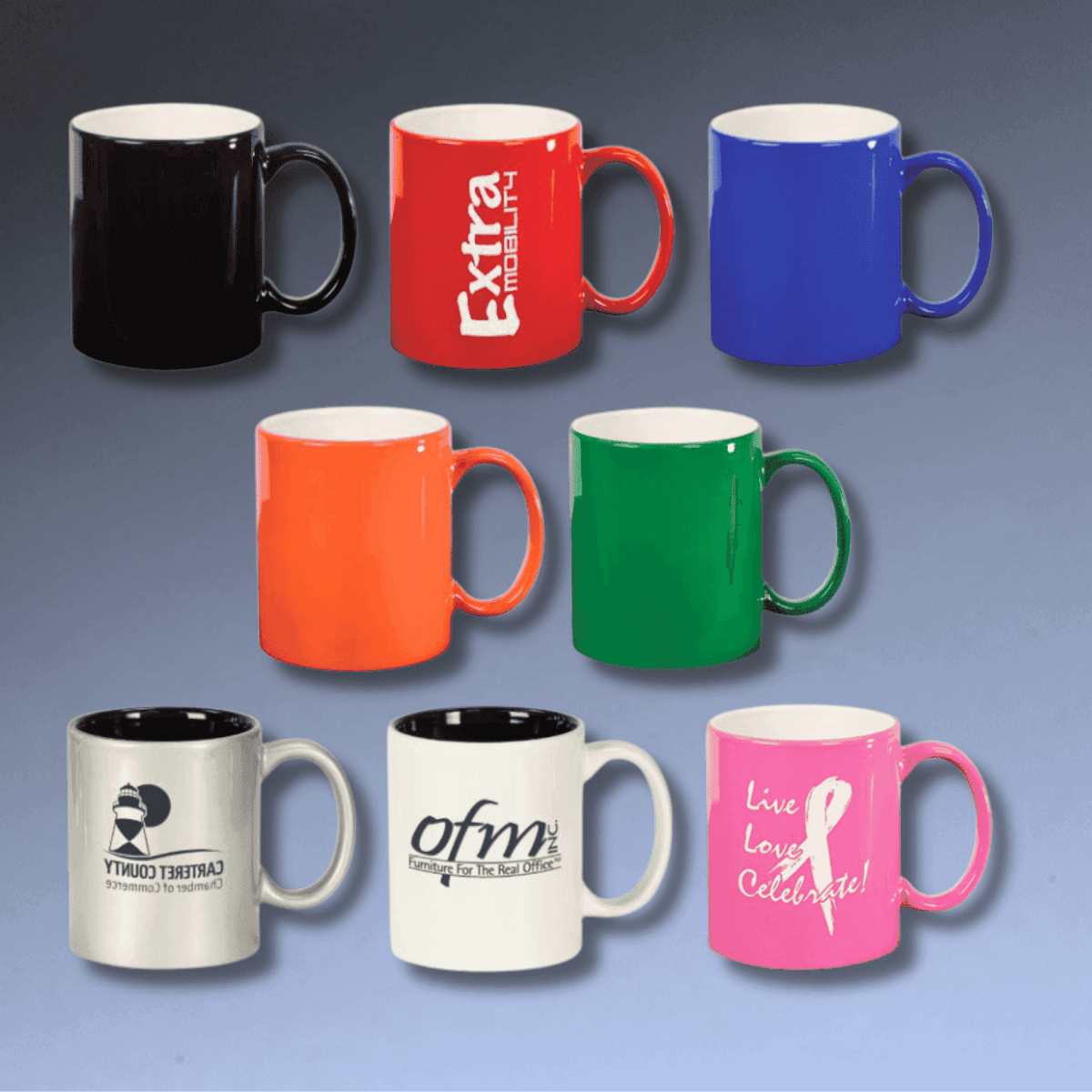 Personalized Ceramic Coffee Mugs – Bistro and Rounded Styles - Blue/White